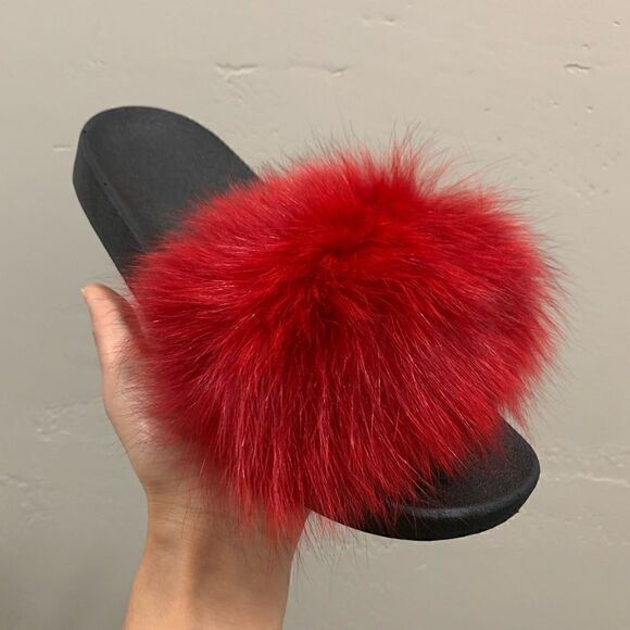 Handmade Red Fluffy Genuine Fox Fur Slippers, Soft Slide - Picture 6 of 12